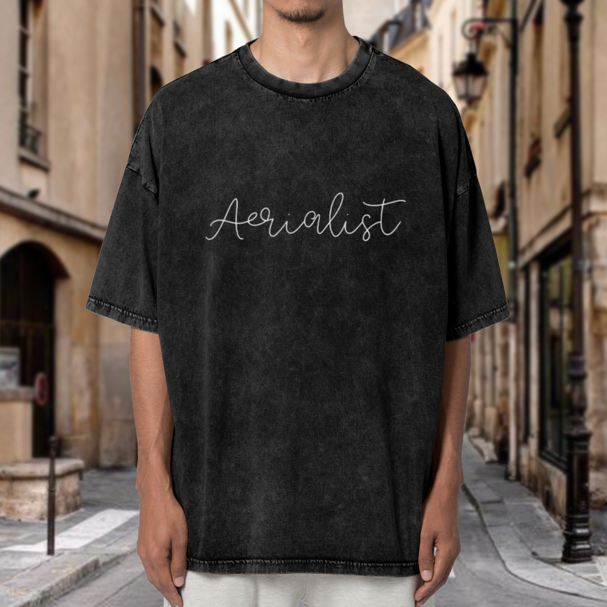 Unisex washed graphic T-shirt with Aerialist themed design, product image