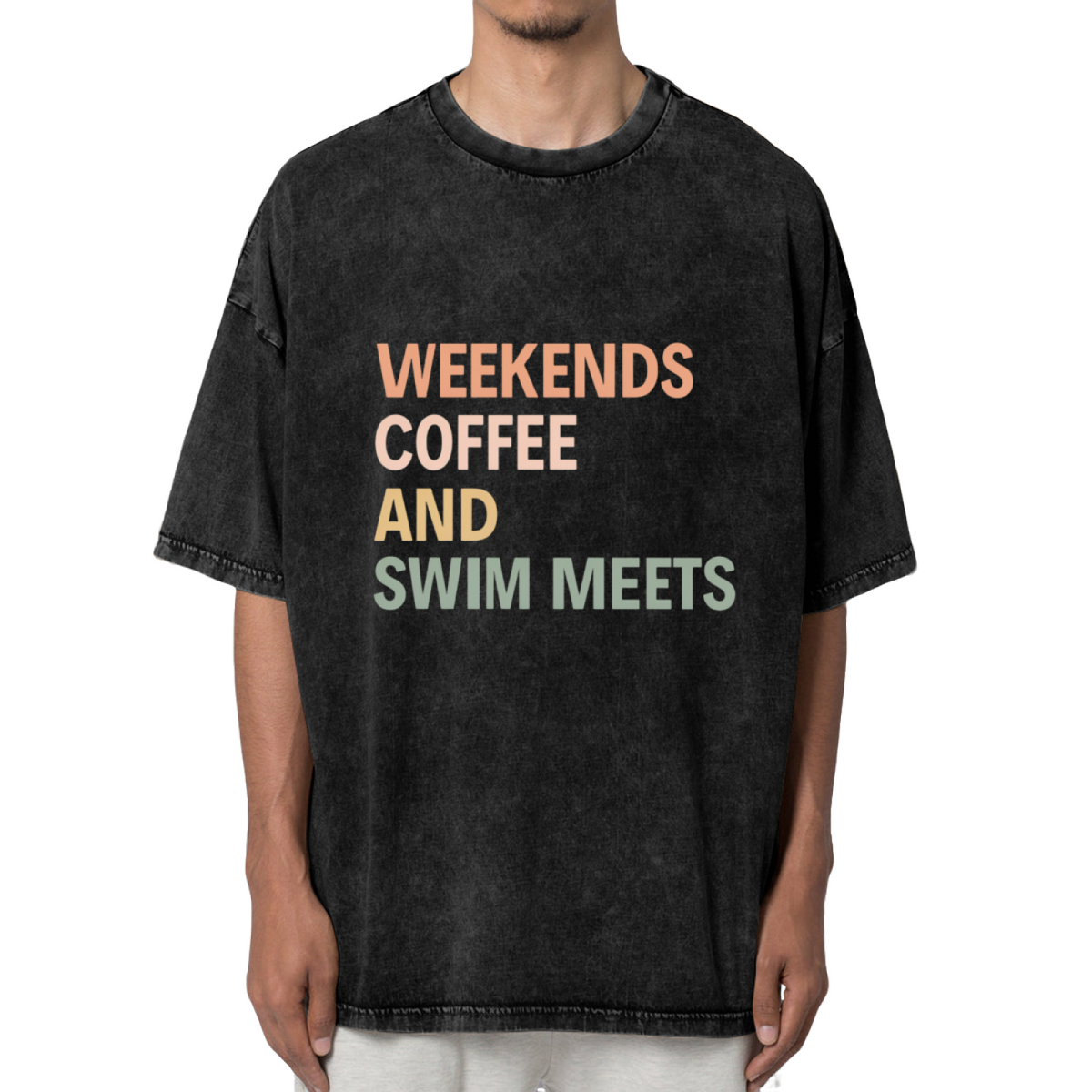 Unisex washed graphic T-shirt with Weekends Coffee And Swim Meets themed design, product image