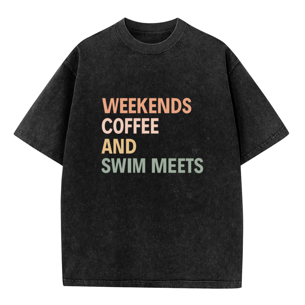 Unisex washed graphic T-shirt with Weekends Coffee And Swim Meets themed design, product image