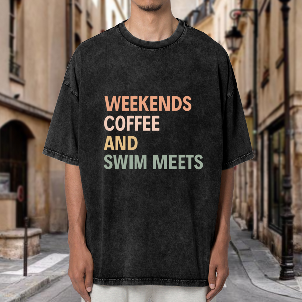 Unisex washed graphic T-shirt with Weekends Coffee And Swim Meets themed design, product image