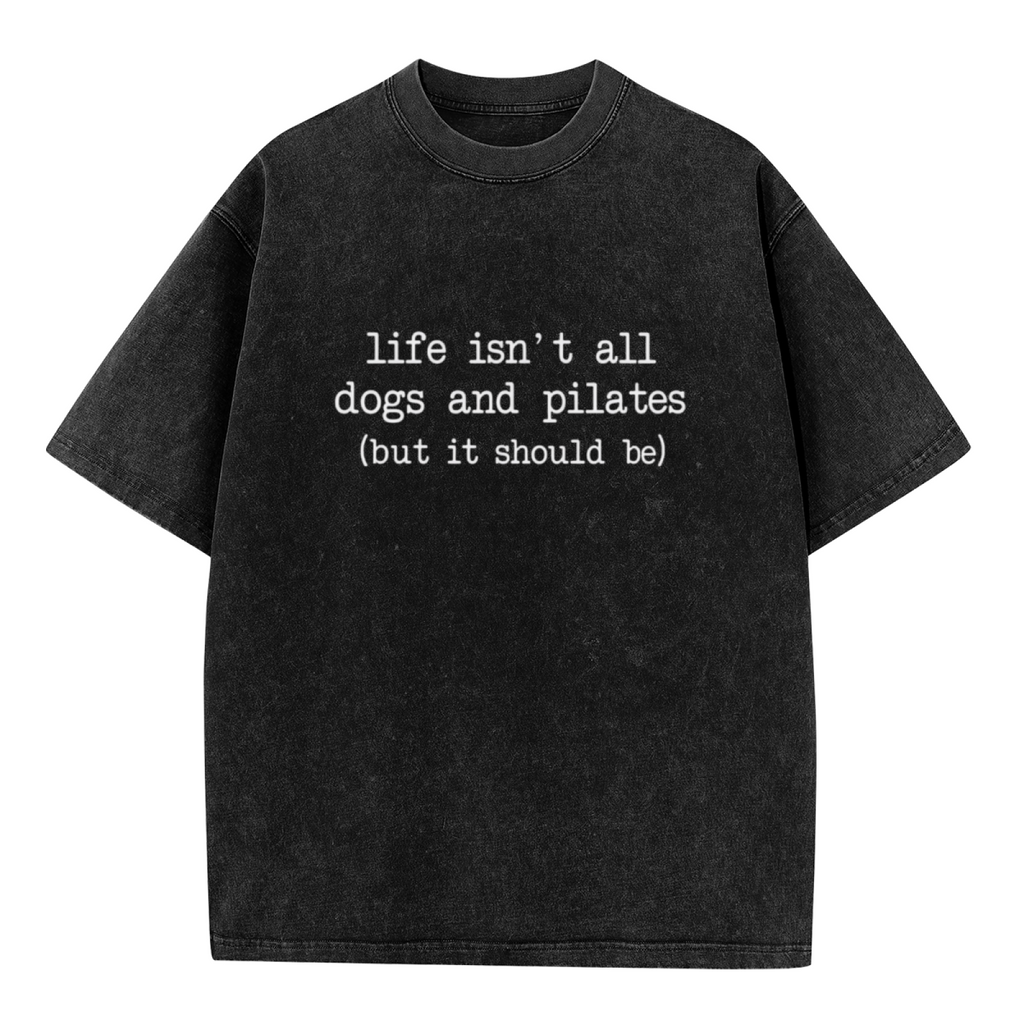 Unisex washed graphic T-shirt with Life Isn't All Dogs And Pilates themed design, product image