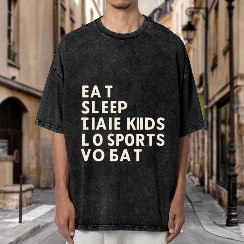 Unisex washed graphic T-shirt with Eat Sleep Take Kids To Sports Repeat themed design, product image
