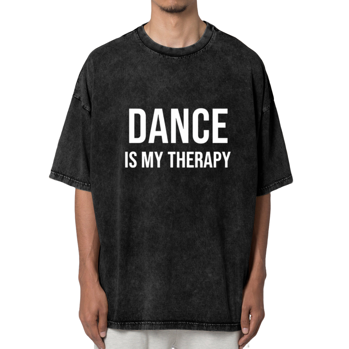 Product image of washed graphic T-shirt featuring 'Dance Is My Therapy' statement design
